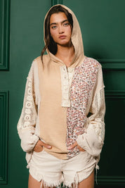 BiBi Slub Jersey with Lace Combo Buttoned Hoodie Top | Hoodies Daverri Fashions