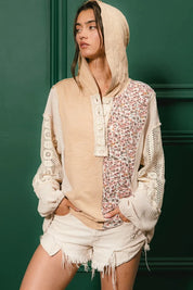 BiBi Slub Jersey with Lace Combo Buttoned Hoodie Top | Hoodies Daverri Fashions