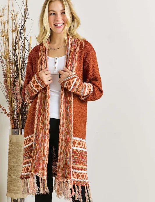 RUST 2XL 3XL ADORA Plus Size Fringe Hem Aztec Border Cardigan | Cardigans Daverri Fashions