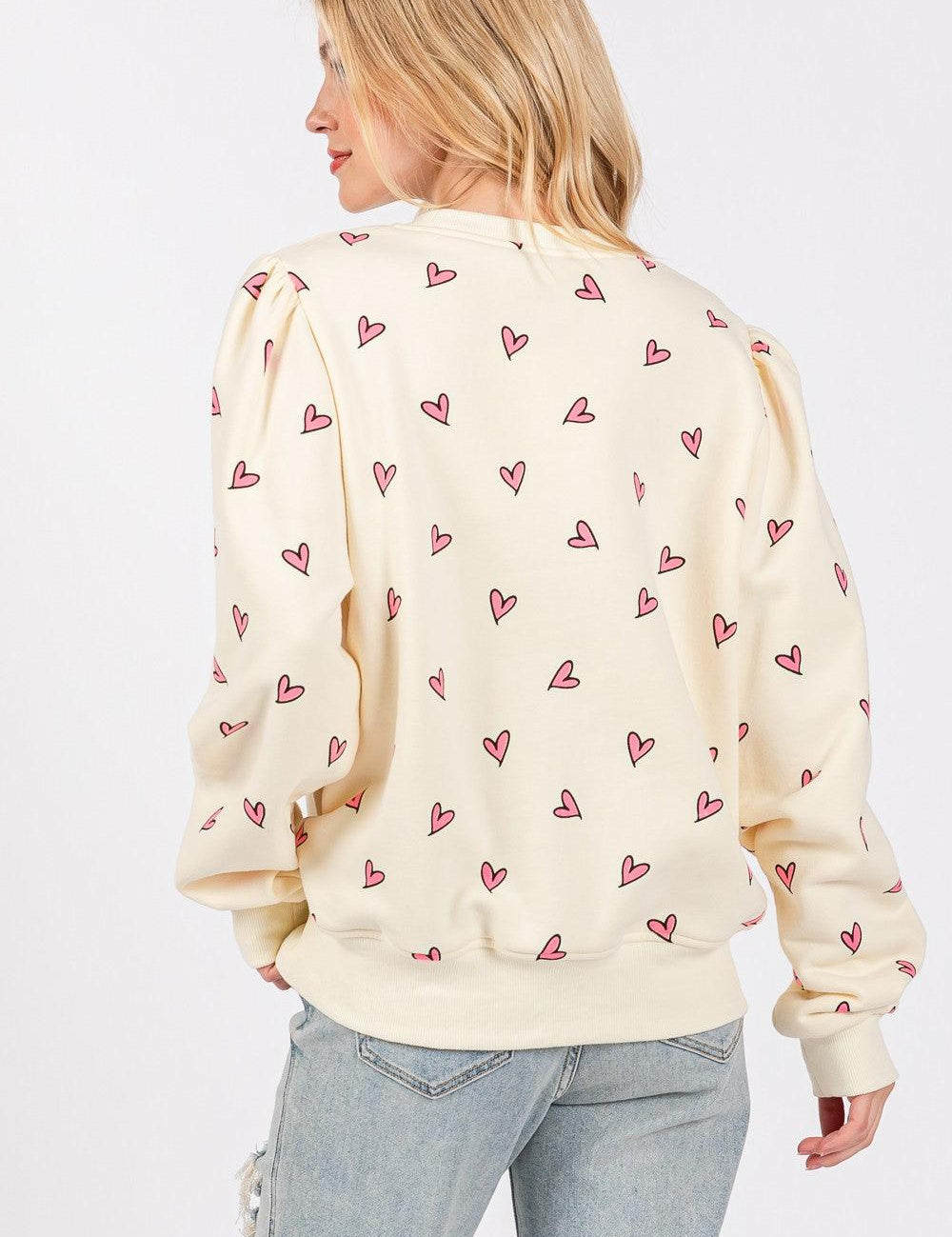 SAGE + FIG Heart Printed Contrast Long Sleeve Sweatshirt | Sweatshirts Daverri Fashions