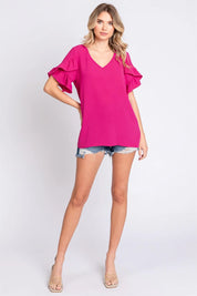 GeeGee V-Neck Ruffle Trim Short Sleeve Blouse | Daverri Fashions