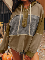 Mixed Texture Patchwork Exposed Seam Half Button Hoodie | Hoodies Daverri Fashions