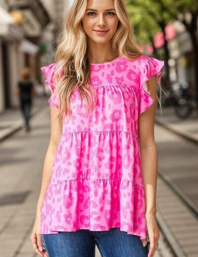 Fuchsia Animal Heimish Full Size Tiered Leopard Round Neck Blouse with Ruffled Detail Plus Size | Blouses Daverri Fashions