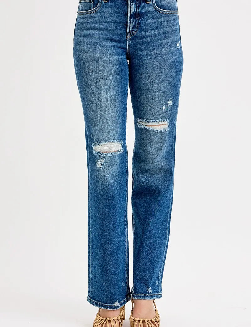 RISEN Full Size Tummy Control High Rise Straight Distressed Jeans Plus Size | Jeans Daverri Fashions