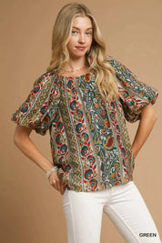 Green Umgee Boho Floral Stripe Puff Sleeve Blouse | Blouses Daverri Fashions