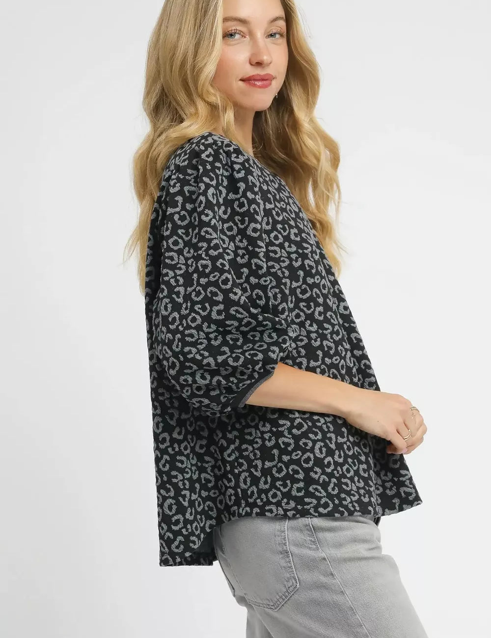 Umgee Leopard Print Jacquard Blouse with Puff Sleeves | Blouses Daverri Fashions