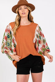 Caramel SAGE + FIG Full Size Printed Balloon Sleeve Contrast Top | Tops Daverri Fashions