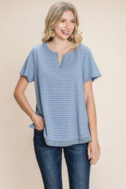 Slit Striped Notched Short Sleeve T-Shirt | T-Shirts Daverri Fashions