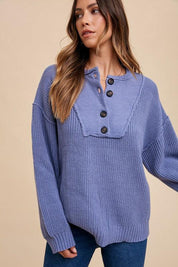 Annie Wear Light Indigo Half Button Ribbed Hem Sweater | Sweaters Daverri Fashions