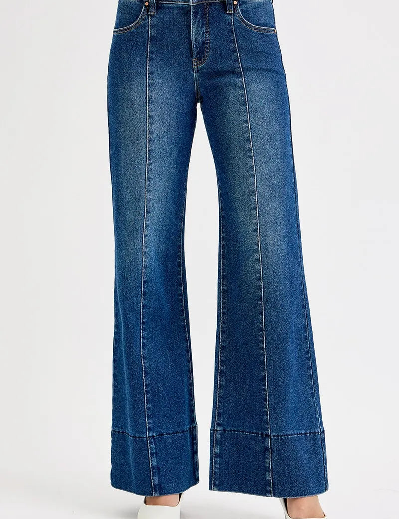 RISEN Plus Size Tummy Control Mid Rise Ankle Wide Flare Jeans | Jeans Daverri Fashions