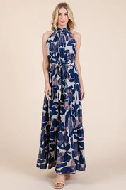 Lime 'N' Chili Abstract Halter Neck Tie-Waist Tiered Maxi Dress | Daverri Fashions