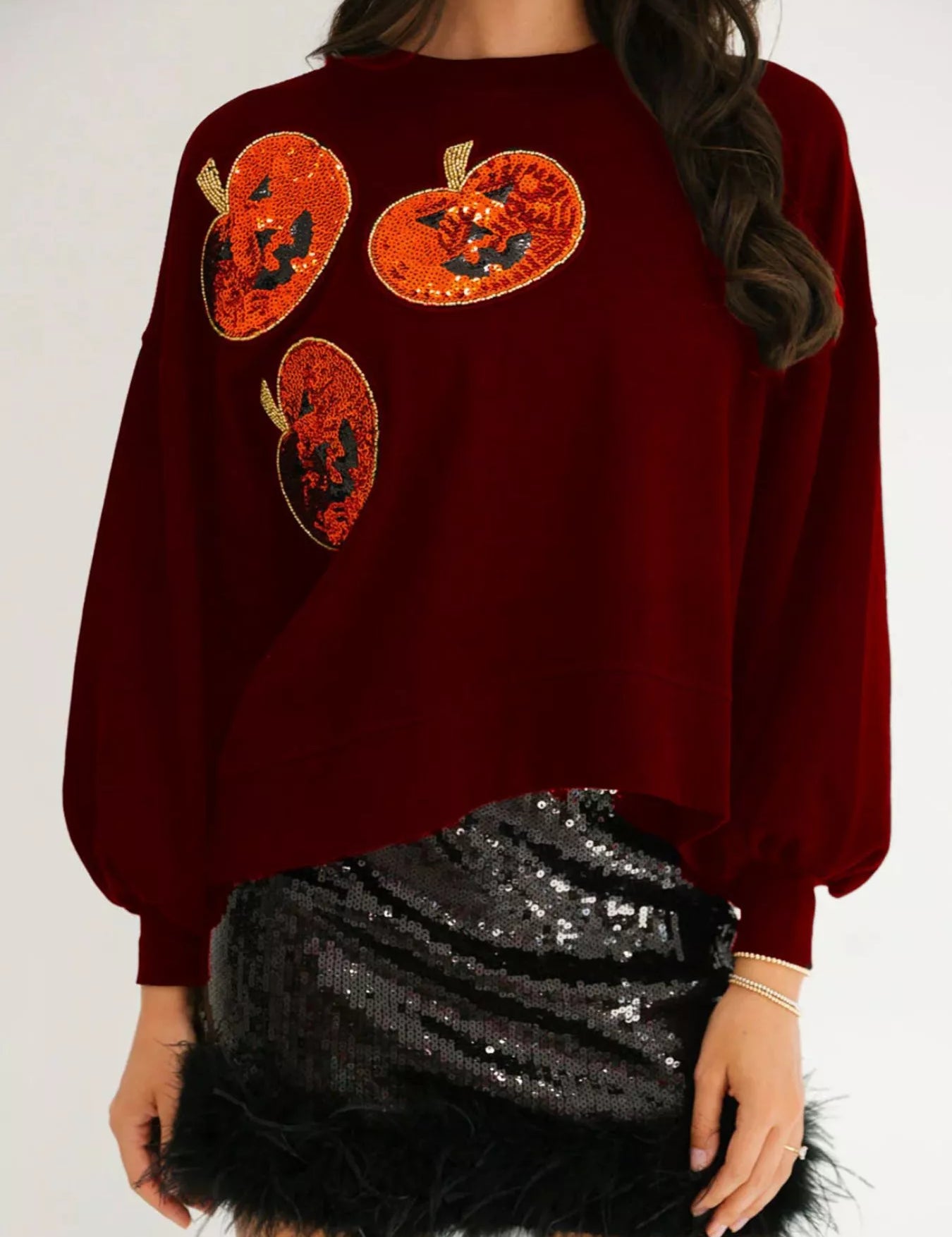 Red Halloween Pumpkin Round Neck Sweatshirt | Sweatshirts Daverri Fashions