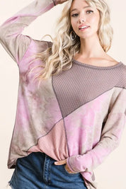 TAUPE BLUSH BiBi Thermal Waffle Color Block Top with Tie Dye | Tops Daverri Fashions