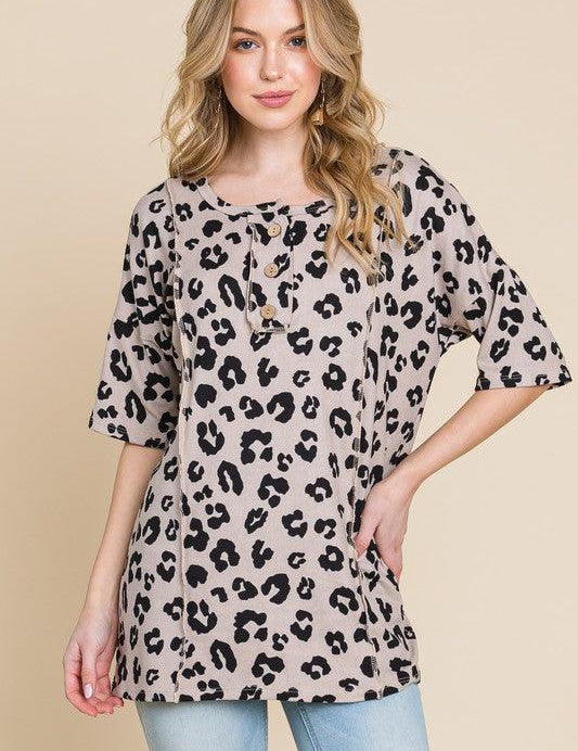 Leopard BOMBOM Button Detail Exposed Seam Leopard Half Sleeve Top | Tops Daverri Fashions