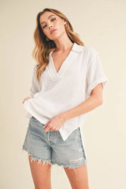 White Aemi + Co Side Slit Johnny Collar Short Sleeve Cotton Gauze Blouse | Daverri Fashions