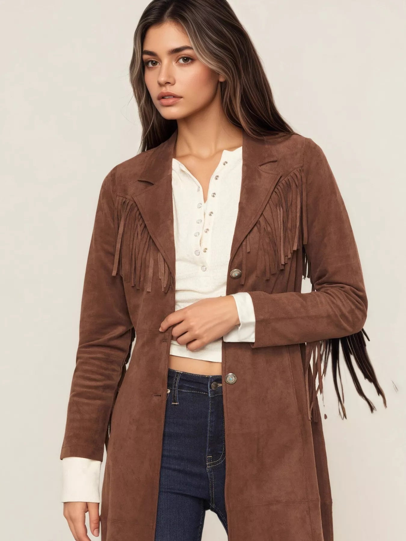 Fringe Lapel Collar Long Sleeve Coat | Daverri Fashions