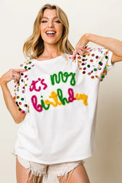 BiBi Metallic Letter Spangle Raglan Puff Sleeve Top | Tops Daverri Fashions