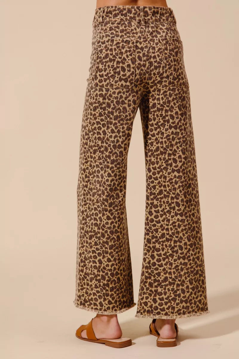 SO ME Mid Rise Leopard Twill Frayed Hem Wide Leg Pants | Daverri Fashions