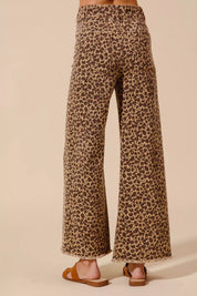 SO ME Mid Rise Leopard Twill Frayed Hem Wide Leg Pants | Daverri Fashions