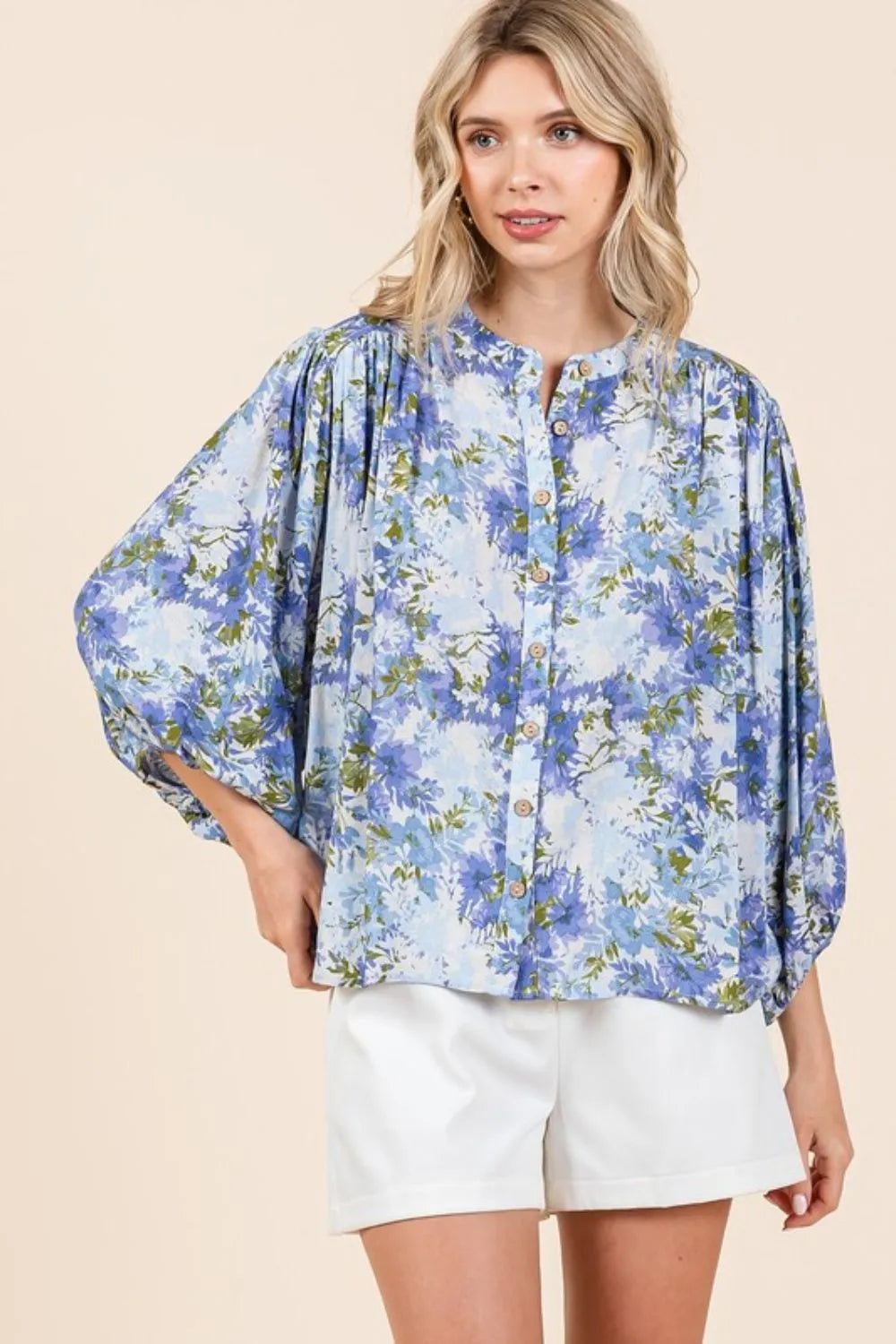 Mittoshop Flower Print Batwing Sleeve Button Down Blouse | Blouses Daverri Fashions