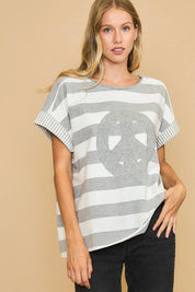 Umgee Peace Sign Patch Striped French Terry T-Shirt | T-Shirts Daverri Fashions