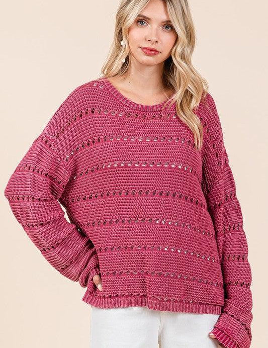 Mittoshop Openwork Round Neck Drop Shoulder Sweater | Sweaters Daverri Fashions