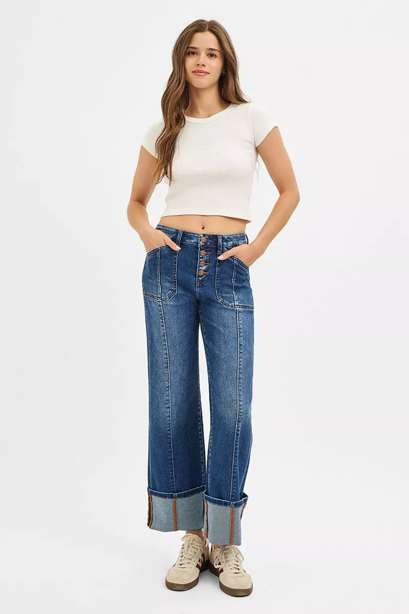 RISEN Full Size High Rise Crop Wide Straight Cuffed Jeans Plus Size | Jeans Daverri Fashions