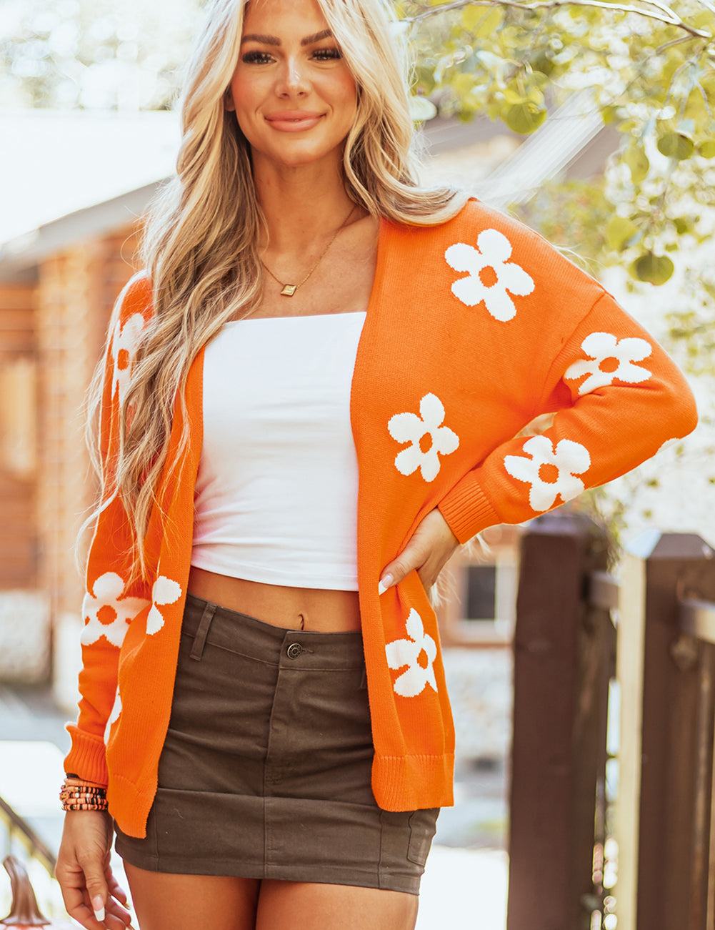Orange 55%Acrylic+45%Cotton Orange Floral Print Knitted Open Front Loose Cardigan | Cardigans Daverri Fashions