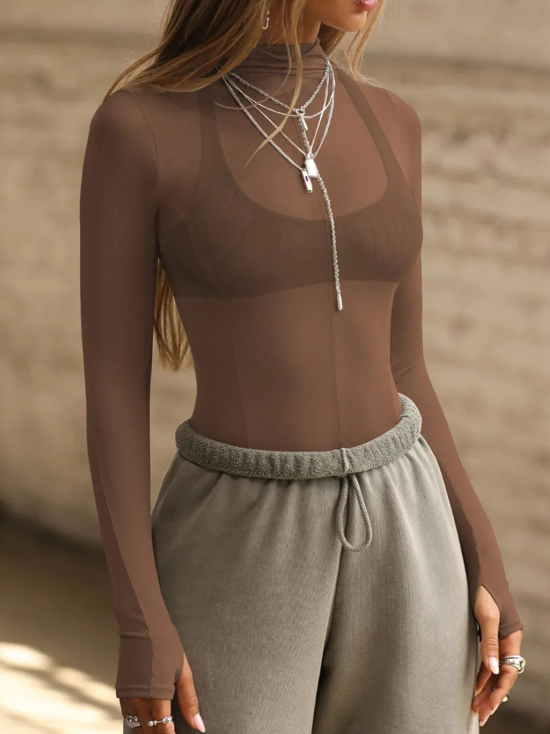 Brown Mock Neck Long Sleeve Sheer Top | Tops Daverri Fashions