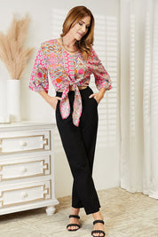Tie Hem V-Neck Three-Quarter Sleeve Blouse | Daverri Fashions