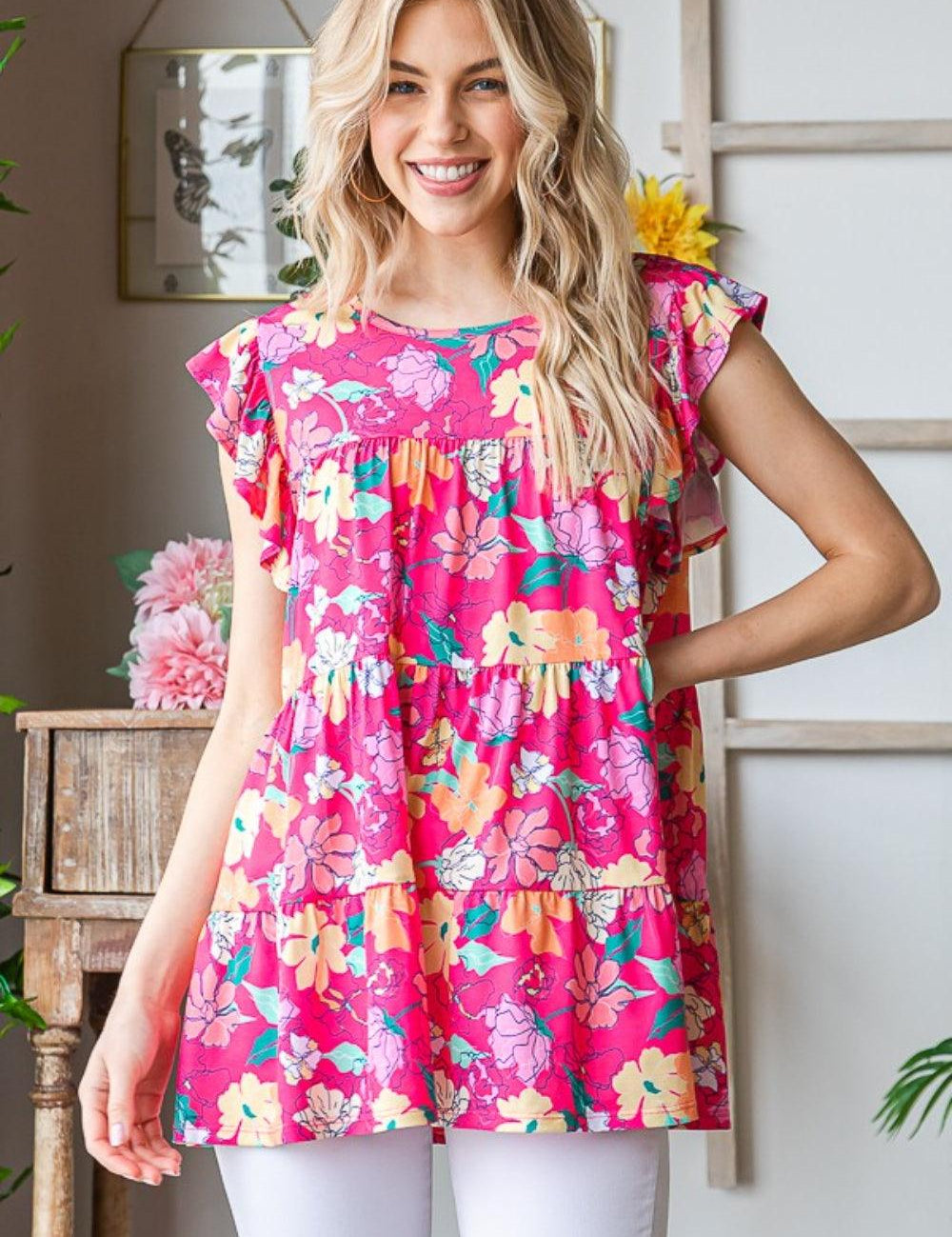 Fuchsia Multi Heimish Full Size Floral Ruffle Sleeve Tiered Blouse | Daverri Fashions