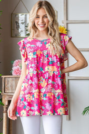 Fuchsia Multi Heimish Full Size Floral Ruffle Sleeve Tiered Blouse | Daverri Fashions