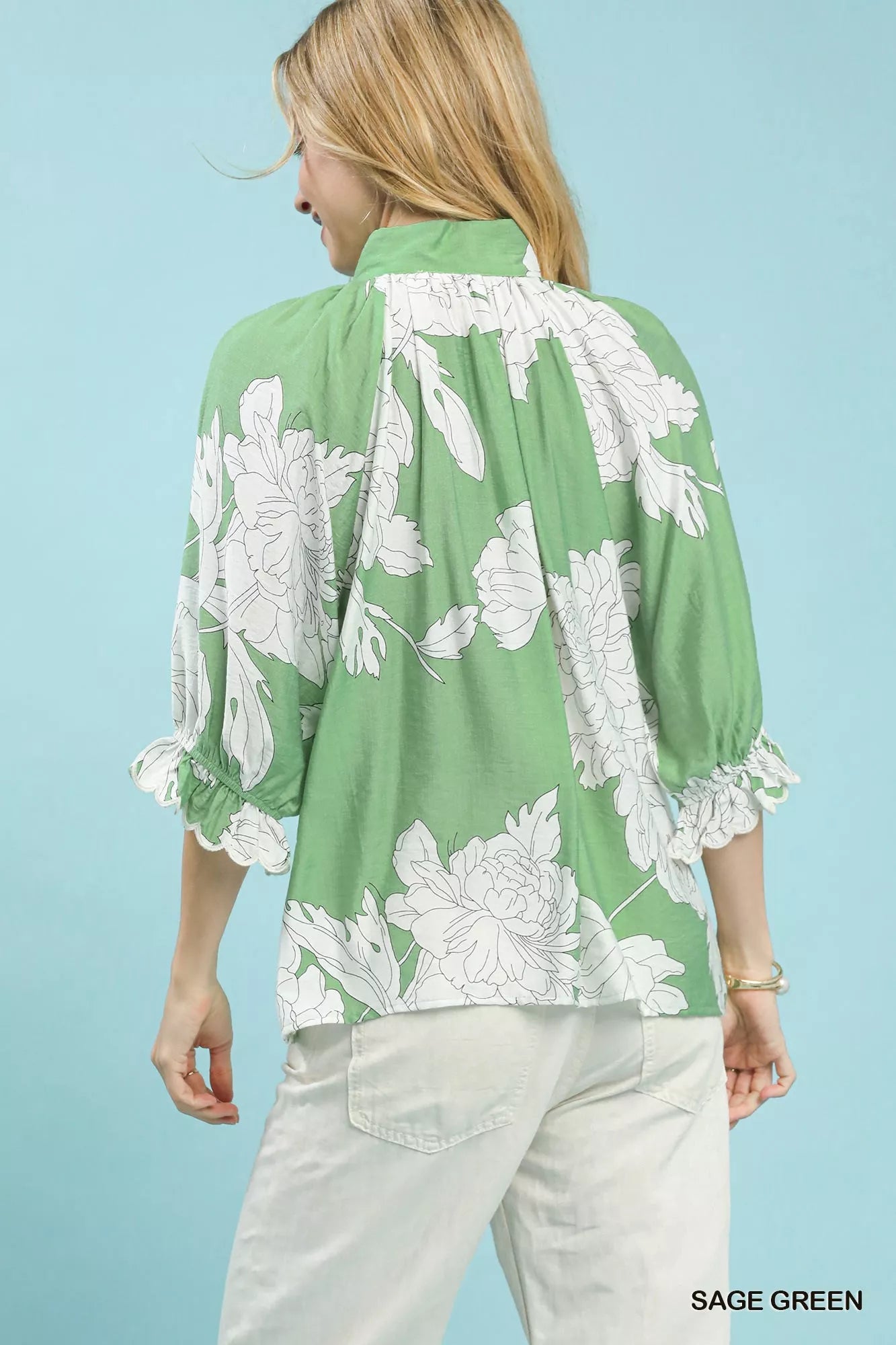 Umgee Peony Illustration Print Flounce Sleeve Blouse | Blouses Daverri Fashions