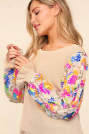 Haptics Floral Sequins Mesh Flounce Sleeve Sweater | Sweaters Daverri Fashions