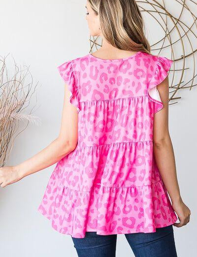 Heimish Full Size Tiered Leopard Round Neck Blouse with Ruffled Detail Plus Size | Blouses Daverri Fashions