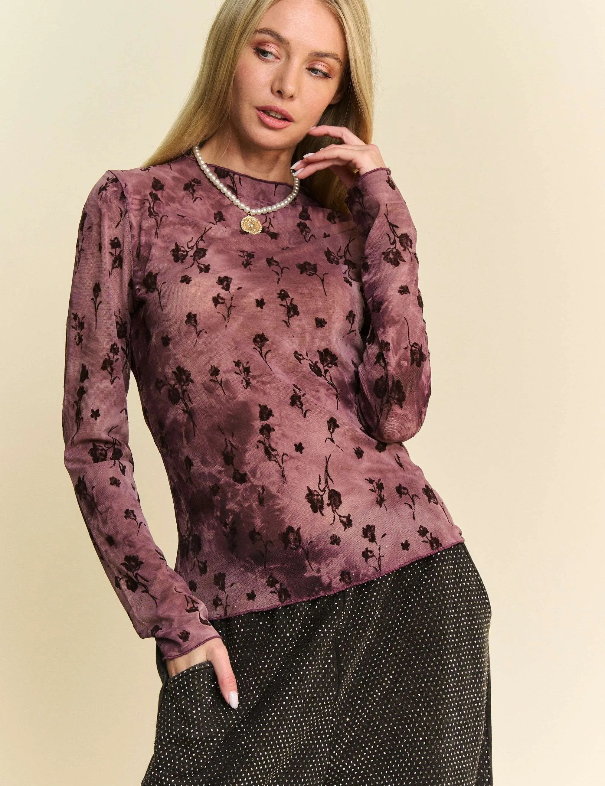 BURGUNDY S Davi & Dani Floral Mesh Long Sleeve Sheer Layering Top | Tops Daverri Fashions