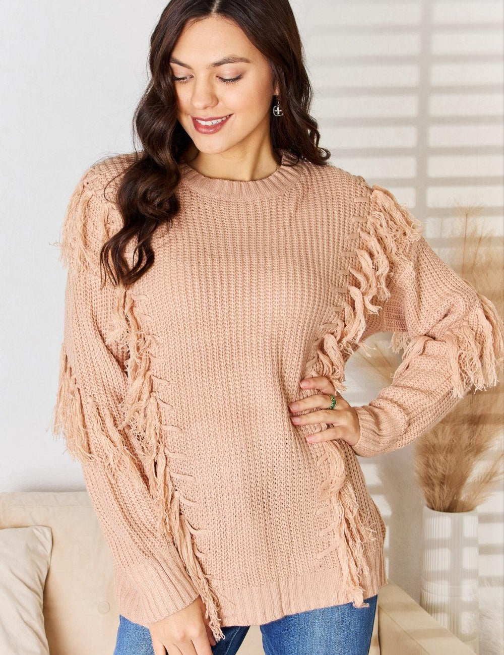 DUSTY PINK And The Why Tassel Detail Long Sleeve Sweater | Sweaters Daverri Fashions