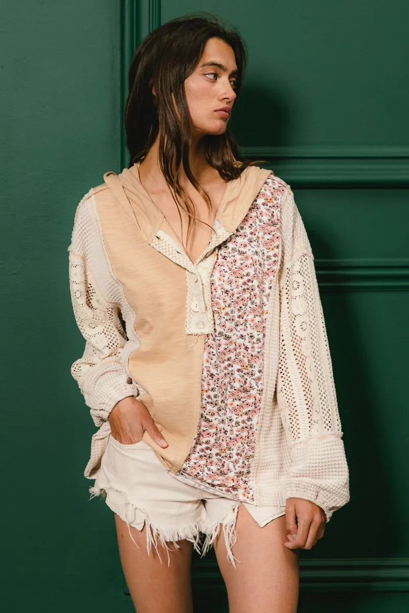 BiBi Slub Jersey with Lace Combo Buttoned Hoodie Top | Hoodies Daverri Fashions
