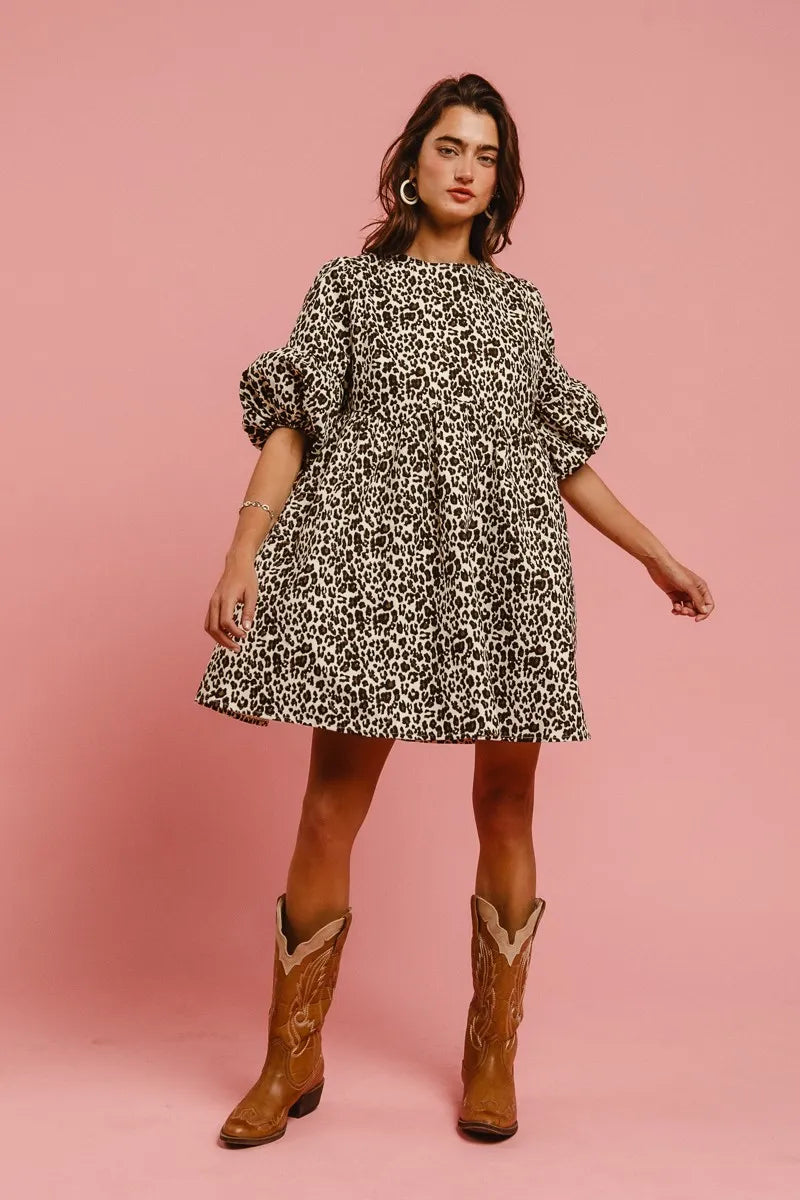 BiBi Leopard Denim Dress With Back Contrast Tie Detail | Daverri Fashions