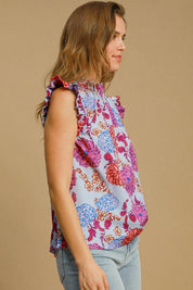 Umgee Full Size Floral Print Ruffled Cap Sleeve Blouse Plus Size | Blouses Daverri Fashions