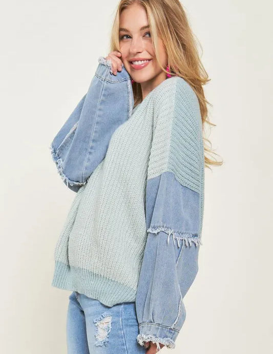ADORA Plus Size Frayed Denim Sleeve Sweater Top | Sweaters Daverri Fashions