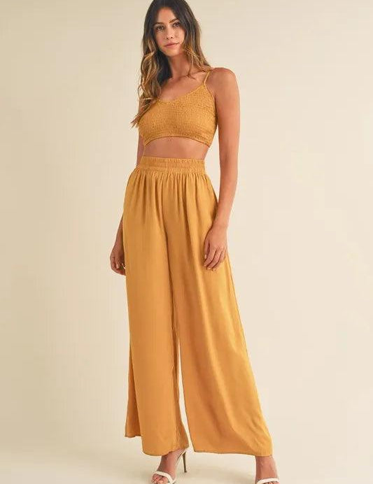 Gold Mustard MABLE Smocked Bralette Crop Top and Wide Leg Pants Set Gold | Outfit Sets Daverri Fashions