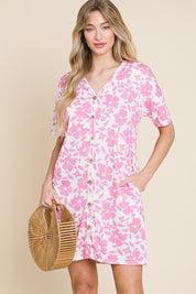 BOMBOM Floral Button Down Mini Dress | Daverri Fashions