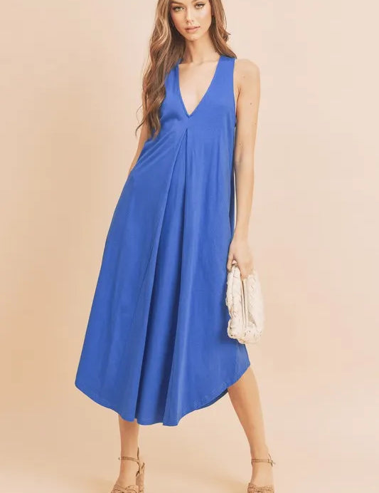 Royal Blue Aemi + Co Front Pleat Detail V-Neck Sleeveless Midi Dress | Daverri Fashions