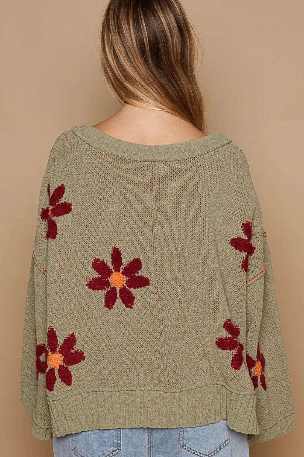 POL V-Neck Floral Pattern Chenille Sweater | Sweaters Daverri Fashions