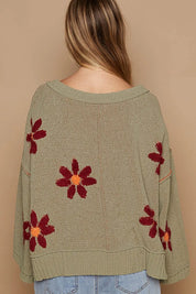 POL V-Neck Floral Pattern Chenille Sweater | Sweaters Daverri Fashions