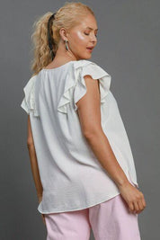 Umgee Full Size V-Neck Double Layered Ruffle Sleeve Blouse Plus Size | Blouses Daverri Fashions