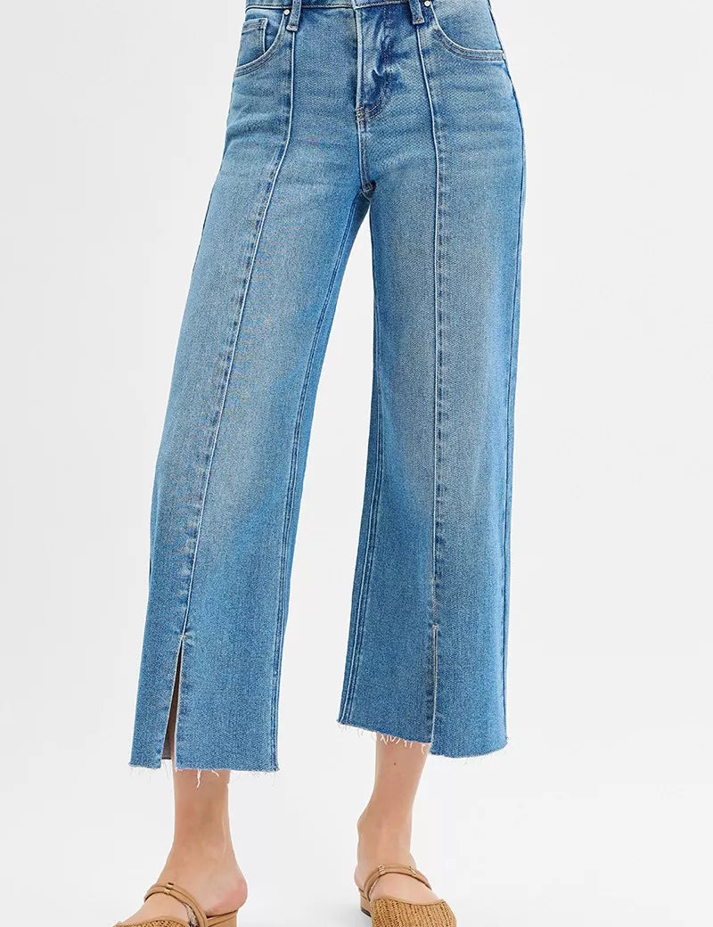 MEDIUM RISEN Tummy Control Mid Rise Crop Wide Front Slit Jeans | Jeans Daverri Fashions