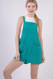 Green VERY J Sleeveless Double Gauze Overalls with Pockets | Shortalls Daverri Fashions