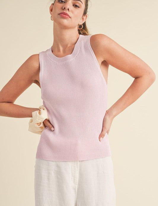 Blush Pink Aemi + Co Ribbed Round Neck Knit Tank | Daverri Fashions